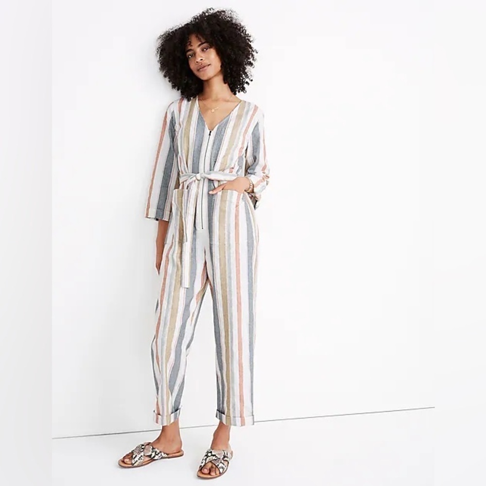 Madewell Striped V neck Tie Waist tapered Leg 100% cotton zip up Jumpsuit Sz 2
